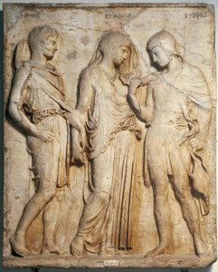 ローマン・アート「オルフェ、エウリュディケ、ヘルメス」 ギリシャの原型をもとにした大理石のレリーフ。ナポリ、ナチス考古学博物館
