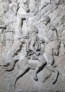 ローマの芸術。「トラヤヌス帝（53-117）の時代に建設されたローマのトラヤヌスの円柱（トラジャネの円柱）（コロンナ・トライアナ）の浮き彫りを再現した1862年の型。トラヤヌスの円柱は、勝利したカムイを記念しています。 作： Roman Roman