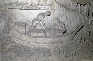 ローマのアート「第一次ダキア戦争中にドナウ川で食料を積んだ船」 トラヤヌス帝（53-117）の時代に建てられたローマのトラヤヌスの円柱（トラジャネの円柱）（コロンナ・トライアナ）の浮き彫りを再現した1862年の型。トラジャネの柱は 作： Roman Roman