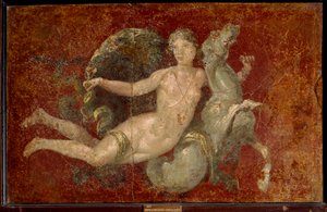 ローマ美術：海馬に乗る女性。スタビアのフレスコ画。ナポリ、Museo Archeologico Nazionale - ローマの芸術：海馬に乗る女性。Stabiaのフレスコ画。イタリア、ナポリ、国立考古学博物館 作： Roman Roman