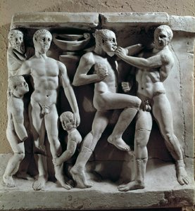 ローマ美術：ボクシングシーン。ローレリーフ。ローマ市民博物館、ローマ 作： Roman Roman
