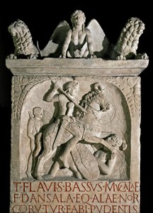 ローマ美術：貴族でローマの政治家フラウィウス・バッスス・ヘルクラヌス（449-452年頃に知られる）の葬儀用ステイル（紀元5世紀）。ローマ、ローマ市民博物館 作： Roman Roman