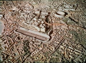 ローマアート：古代ローマの街並みを描いた模型。中央には戦車競技のためのチルコ・マキシマス（大サーカス）が描かれている。ローマ、ローマ市民博物館 - ローマの芸術。チルコ・マッシモとエトルリアの城壁。復元模型の詳細
