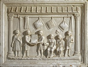 ローマ美術：布地を表す型とタペストリー。紀元2世紀のオリジナルから（ローレリーフ 作： Roman Roman