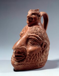 ローマ美術：二重頭の形をしたテラコッタ製の花瓶。パリ、ルーブル美術館 作： Roman Roman
