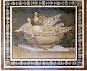 4羽の鳩を表現したローマのモザイク画。 作： Roman Roman