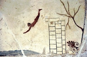 ダイバー（tuffatore）と呼ばれる墓のローマ時代の壁画。 作： Roman Roman