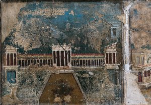建築風景を描いた第3様式フレスコ画、列柱ポーチに縁取られた建物の細部、ポンペイより 作： Roman Roman