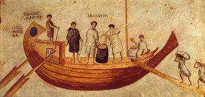 船から穀物を降ろすイシス・ギミニアナ、オスティア出身、2～3世紀（フレスコ画） 作： Roman Roman