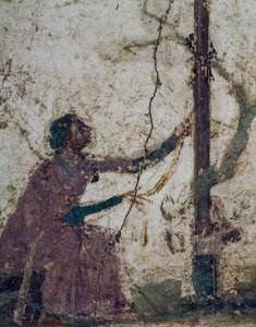 聖なる木に向かう女性、イタリア、カンパニア、ポンペイのフレスコ画の断片、ローマ文明 作： Roman Roman