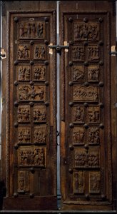 ロマネスク美術：ドイツ・ケルンのカピトルの聖マリア教会の12世紀中頃の木製扉（Sankt Maria im Kapitol, Koln) 作： Romanesque