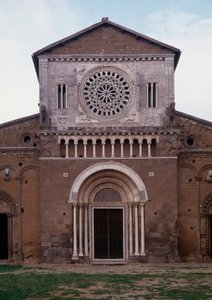 View of the church of San Pietro (ca. 1250, restauree 1870) Tuscania, italy (Facade of the church of St Peter (San Pietro), built around 1250 and restored in 1870, Tuscania, Italy)