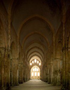 12世紀に設立されたシトー会修道院の教会の身廊の様子。 作： Romanesque