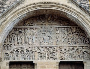 最後の審判のティンパヌムの眺め、楽園と地獄の間のキリスト（彫刻