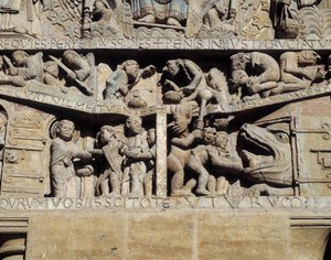 最後の審判のティンパヌムの眺め、地獄の詳細（彫刻 作： Romanesque