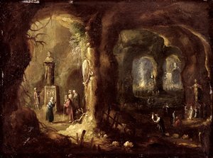 偶像を礼拝する彫像と多数の人物のある洞窟（聖シメオン・シュティリテス） 1640年頃（銅に油彩） 作： Rombout van Troyen