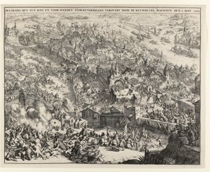 ベオグラードは、1688 年 9 月 6 日、バイエルン選帝侯マクシミリアン エマニュエルによって嵐に見舞われました。 作： Romeyn de Hooghe