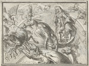 1701年の戦車でルイ14世をアポロとして描いた風刺画