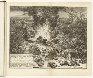 スヘルデに架かるパルマの船橋を爆破、1585 年 Deroute du Pont Farnese (オブジェクトのタイトル) Guerres de Flandres (シリーズタイトル) 作： Romeyn de Hooghe
