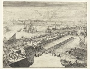 スヘルデに架かるパルマの船橋、1585 年 Guerres de Flandres (シリーズタイトル) 作： Romeyn de Hooghe