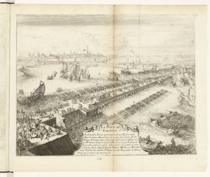 スヘルデに架かるパルマの船橋、1585 年 Le Pont de Farnese (オブジェクトのタイトル) Guerres de Flandres (シリーズタイトル) 作： Romeyn de Hooghe