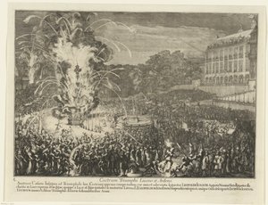 宮殿の庭の花火、1686年 Castrum Triumphi Lucens et Ardens (オブジェクトのタイトル) トルコ人を破った後、レオポルト1世がブリュッセルに入る、1686年（シリーズタイトル） 作： Romeyn de Hooghe