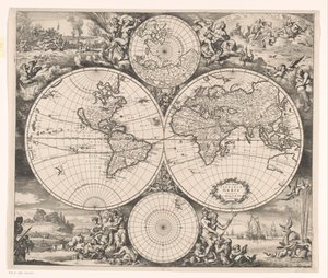 四大元素の寓話が描かれた世界地図 Nova totius terrarum orbis tabula (オブジェクトのタイトル) 作： Romeyn de Hooghe