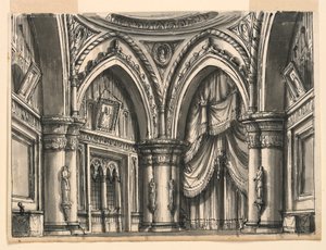 ステージデザイン、オジバルアーチを備えたハイゴシックホールのインテリア 作： Romolo Achille Liverani