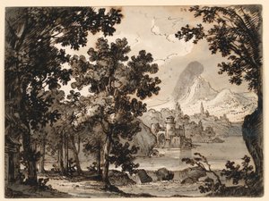 舞台デザイン：オペラ・ラ・ストラニエラのための小屋のある風景 作： Romolo Achille Liverani