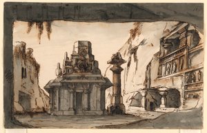 ステージデザイン、洞窟と岩に囲まれた東洋の建物 作： Romolo Achille Liverani