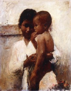 愛情、子供を抱くジャワの美女（キャンバスに油彩） 作： Romualdo Locatelli