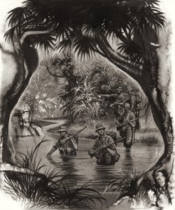 第二次世界大戦のパトロール中、ジャングルの川を渡るアンザック部隊（紙にガッシュ） 作： ロン・エンブルトン