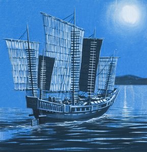 中国の船（紙にグワッシュ） 作： ロン・エンブルトン