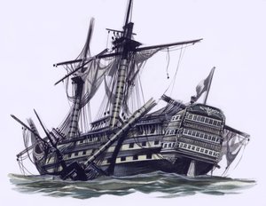 トラファルガー海戦後のHMSヴィクトリー、ミズン・トップマストが撃ち落とされている（紙にガッシュ画） 作： ロン・エンブルトン