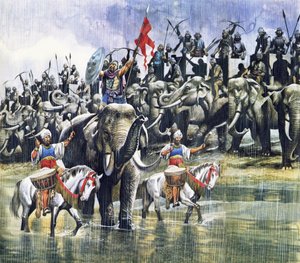 豪雨の中、アレキサンダー大王と対峙するポロス王軍