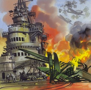 ミッドウェー海戦（紙にグワッシュ） 作： ロン・エンブルトン