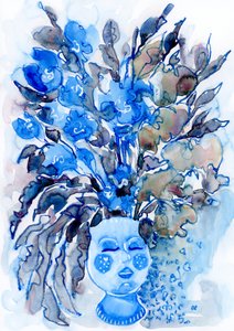 遊び心あふれる青い花柄のヘッド 作： 