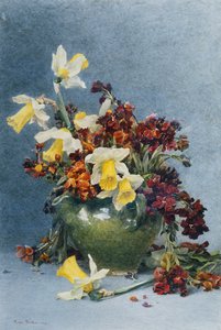 緑の花瓶の水仙とウォールフラワー、1890 作： Rose Maynard Barton