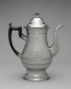 コーヒーポットまたはティーポット 1830-1870年頃（ピューター、不明な木材 作： Roswell (attr.to) Gleason