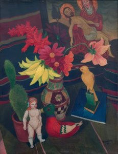 裸の人形、サボテン、ピエタのある静物画 作： Rudolf Wacker