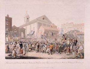 1818 年、ロンドンのコベント ガーデンでの選挙。 作： Rudolph Ackermann