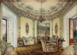 Obertwaltersdorfの城のサロンの内部ビュー。 Obertwaltersdorf城のサロンのインテリア 作： Rudolf von Alt