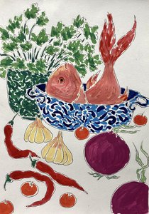 新鮮な魚と野菜 作： 