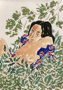 木々の間に立つ女性 作： 