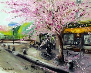 シェイクスピア＆カンパニー・パリの桜、2021年（キャンバスに油彩） 作： Ruslana Levandovska