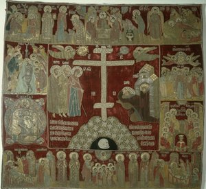 聖セルギウスへの聖母の出現、1525年（金、銀、絹の糸、金の台座にパールとルビーをセット） 作： Russian School