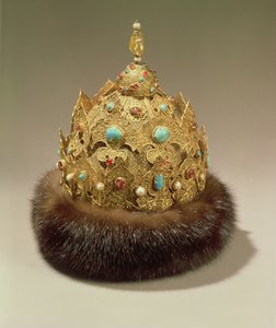 カランの冠、彫刻が施された金のセット、宝石、毛皮のトリミング、ニエロ、透かし彫り、16世紀半ば（金、宝石、毛皮） 作： Russian School