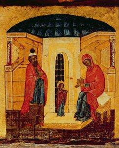 神殿のイエスを描いたアイコン、c.1550（パネル上のテンペラと金箔）（314500の詳細）