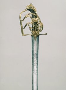 皇帝の冠の下にある聖ジョージの姿で双頭の鷲が刻まれた将軍のブロードソード、キャサリンII 1729-96のモノグラムで飾られた柄、ロシア、18世紀（鋼、ブロン）