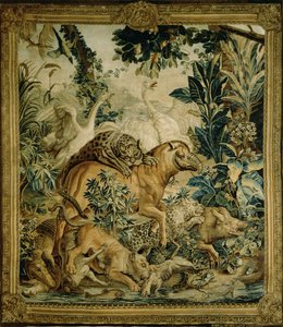散水穴で戦う野生の獣を描いたタペストリー。D。デポートが設計した1757年のサンクトペテルブルグのタペストリーファクトリー（テキスタイル）が作成したインディアンカーペットシリーズのコピーです。 作： Russian School